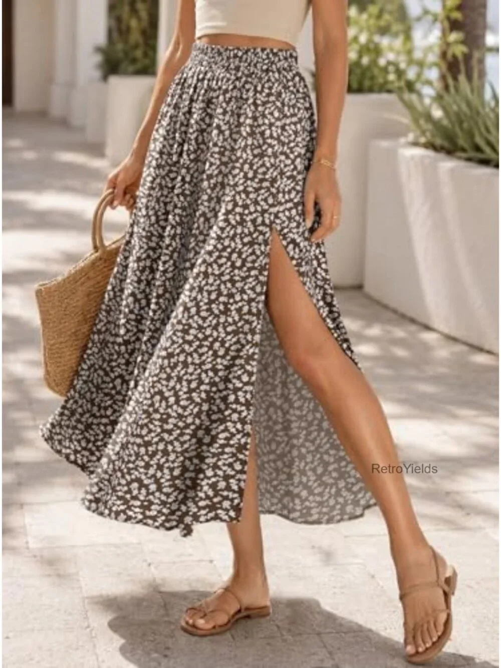 Women Boho Floral Slit Maxi Skirt High Waisted Long Skirt